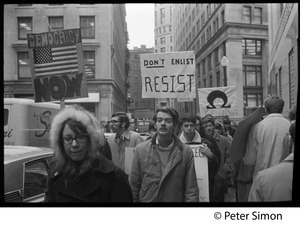 Resistance antiwar demonstration near Milk Street, Boston: signs reading 'Don't enlist, resist' and 'Democracy now'