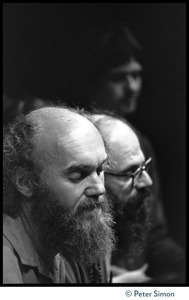 Ram Dass (front) onstage at Zellerbach Hall, U.C. Berkeley, with Allen Ginsberg