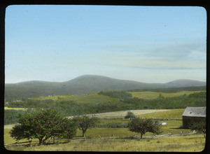 Mount Everett, Massachusetts (apple trees, fences, farm and fields in foreground, hills in the distance)