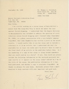 Letter from Thomas A. Steinbuch to Mental Patients Liberation Front