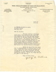 Letter from Fellowship of Reconciliation to W. E. B. Du Bois