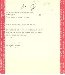 Telegram from Kyrle Elkin to Shirley Graham Du Bois