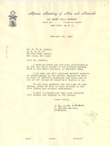 Letter from African Academy of Arts and Research to W. E. B. Du Bois