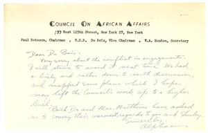 Letter from W. A. Hunton to W. E. B. Du Bois