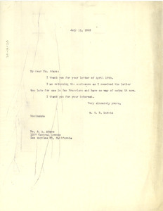 Letter from W. E. B. Du Bois to A. A. Adams