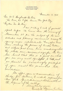 Letter from Mount Holyoke College to W. E. B. Du Bois