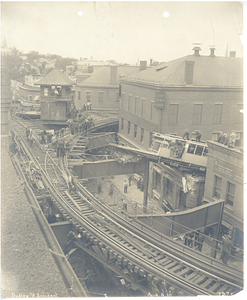 Dudley Street accident, view from rooftop of tracks and car lodged in building