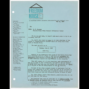 Memorandum from O.P. Snowden and Freedom House Urban Renewal Information Center about rehabilitation clinic on June 5, 1967