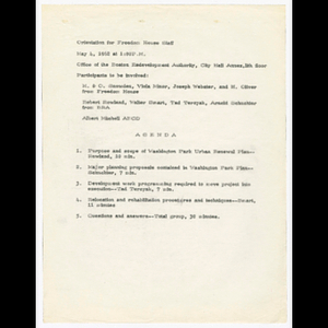 Agenda for meeting about orientation of Freedom House staff held on May 4, 1962