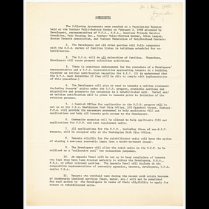 Agreement reached at negotiation session on February 2, 1968 attended by developers, Boston Redevelopment Authority (BRA), and community organizations