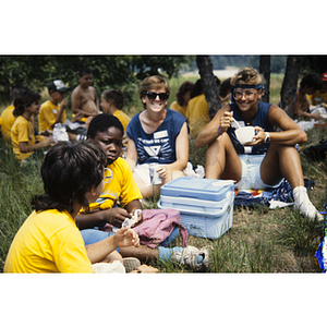 Children and counselors eating at Reading YMCA Summer Camp