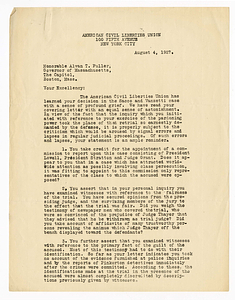 Letter from the American Civil Liberties Union to Governor Alvan T. Fuller, August 4, 1927