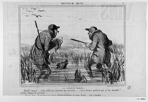 La chasse au marais - Quelle chance!. .. voilà enfin les canards qui arrivent... tirez dessus pendant que je me mouche!... satané rhume de cerveau!... - Allons bon... je ne peux pas faire aller la gâchette de mon fusil... j'ai l'onglée!...