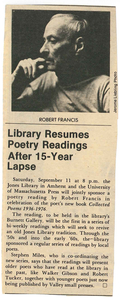 "Library Resumes Poetry Readings After 15-Year Lapse" newspaper clipping
