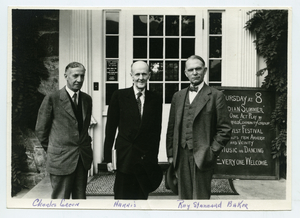 Charles Green, Paul Harris, and Ray Stannard Baker in front of the Jones Library in 1935