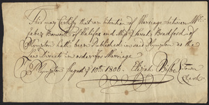 Marriage Intention of Jabez Bosworth and Sarah Bradford of Plympton, Massachusetts, 1806