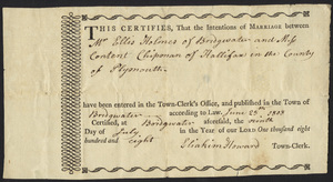 Marriage Intention of Ellis Holmes of Bridgewater, Massachusetts and Content Chipman, 1808