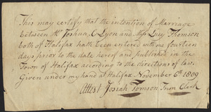 Marriage Intention of Joshua C. Lyon and Lucy Thomson, 1809