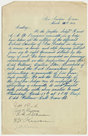 Letter from the colored societies of New London to Jephtha Lodge, No. 11, 1913 March 26