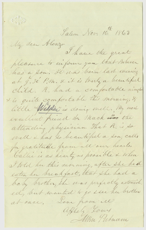 Letter from Allen Putnam to Alonzo Hall Quint, 1863 November 16