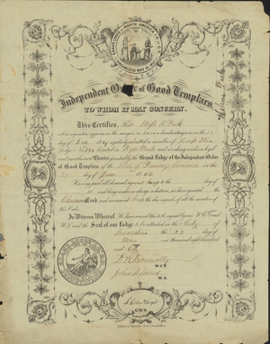 Membership certificate issued by Temp Star Lodge, No. 146, to Helen Peck, 1867 December 13