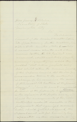 Draft of a letter to Secretary of State James Blaine regarding death of President Garfield