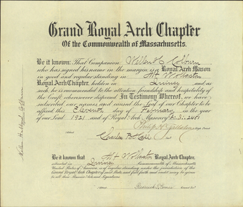 Royal Arch membership certificate issued to Wellen Hubbard Colburn, 1921 February 11