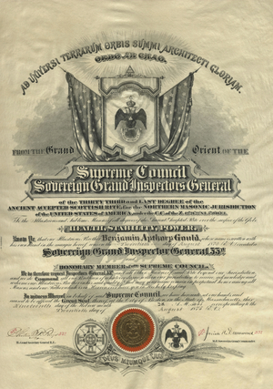 Honorary 33° certificate issued to Benjamin Arthur Gould, 1875 August 20