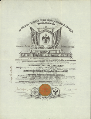 Honorary 33° certificate issued to George W. Chester, 1909 September 1