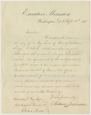 Letter from President Andrew Johnson to Worshipful Master Charles T. Gay, 1868 September 28