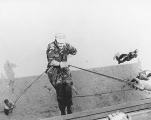 Suffolk University Dean Richard M. McDowell (SOM, 1974-1991), rappelling at the RECON DO, ROTC Advanced Camp at Fort Bragg, North Carolina