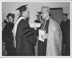 A trustee and Cardinal Medeiros at the 1974 Suffolk University commencement