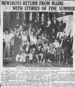 News article about the Burroughs Newsboys Foundation summer camp program, reads "Newsboys Return From Maine with Stories of Fine Summer"