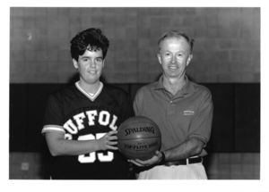 Suffolk University women's basketball player Noreen McBride with coach Ed Leydon, 1996