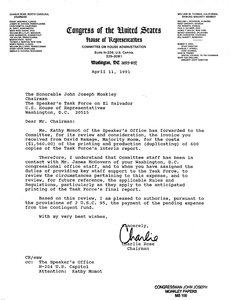 Letter to John Joseph Moakley from Charlie Rose regarding the authorization payment of 600 copies of the Task Force's interim report, 11 April 1991