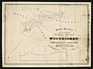Plan and profile for a proposed railroad from Woonsocket to the Norfolk County Railroad near Scott's Hill in Bellingham / Joseph N. Cunningham, engineer.