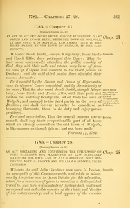 1783 Chap. 0027 An Act To Set Off Jacob Smith, Joseph Kingsbury, Isaac Smith And Enoch Ellis, From The Town Of Walpole, In The County Of Suffolk, And Annex Them To The Third Parish Ix The Town Of Dedham, In The Said County.