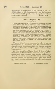 1789 Chap. 0049 An Act For Apportioning And Assessing A Tax Of Twenty Five Thousand Three Hundred And Sixty Pounds, Three Shillings And Five Pence To Answer The Exigences Of Government; And Also Four Thousand One Hundred Fifty Five Pounds Twelve Shillings -- To Replace The Same Sum Drawn Out Of The Treasury, To Pay The Members Of The House Of Representatives For Their Attendance The Two Last Sessions Of The General Court; Also For Assessing A Further Sum Of Eleven Pounds Fourteen Shillings, Set To The Town Of Bowdoin, And The Sum Of Thirty Six Pounds Nineteen Shillings And Eight Pence, Set On The Lands Of The Heirs And Assigns Of The Late Brigadier Waldo.