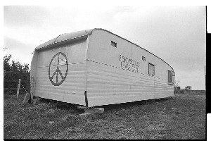 CND Campaign for Nuclear Disarmament Caravan outside RAF base at Bishopscourt, Co. Down. Protest against alleged radiation emissions. Includes shots of the base