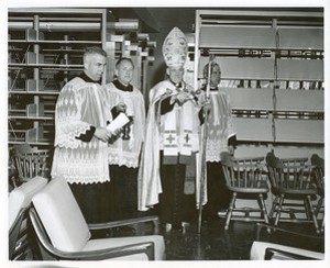 Cushing Hall interior: dedication and blessing with William G. Guindon, Michael P. Walsh, Richard Cushing, and Daniel J. Saunders