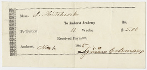 Edward Hitchcock receipt of payment to Amherst Academy, 1845 November 1