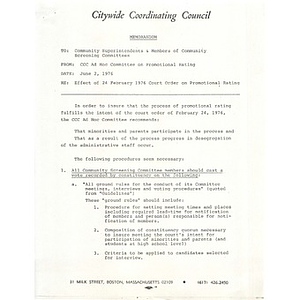 Memo from Citywide Coordinating Council to CCC ad hoc committee on promotional ratings, June 2, 1976.