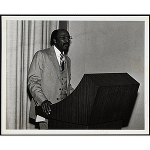 Robert McCoy, Vice President of the Boys' Clubs of Boston, speaking from the podium