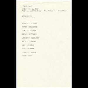 Letter from Charles R. Stith and Henderson L. Brome about Martin Luther King, Jr. Memorial Breakfast and list of attendees