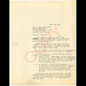 Letter from Muriel Snowden to Mrs. W. Wentworth Perkins of the Roxbury Community Council submitting the Triangle Club for citation at Spring Conference