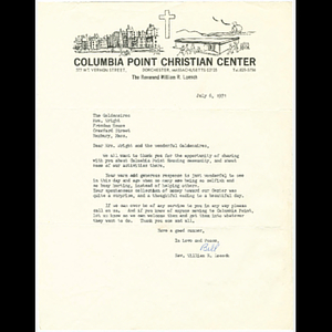 Letter from Reverend William R. Loesch to Mrs. Wright and the Roxbury Goldenaires about Columbia Point Christian Center