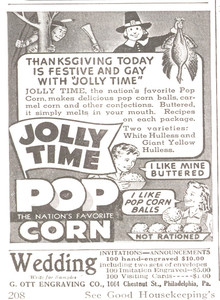 Advertisement for Jolly Time Popcorn, unknown manufacturer, 1943