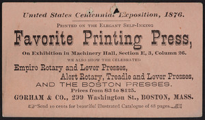 Trade card for Gorham & Co., printing presses, 299 Washington Street, Boston, Mass., 1876