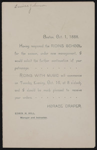 Circular for the Horace Draper Riding School, Boston, Mass., October 1, 1888