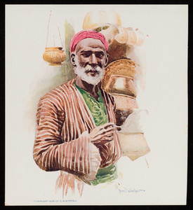 Trade card for Nestor Cigarettes, white bearded man holding a cigarette, Nestor Gianaclis Company, Cairo, Boston, London, 1899